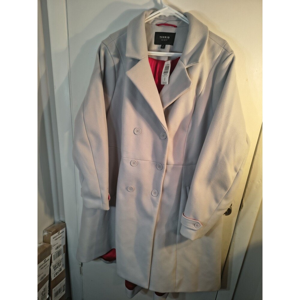 Torrid Fit Flare Double Breasted Peplum Wool Blend Coat Light Grey Fuchsia Sz 4x